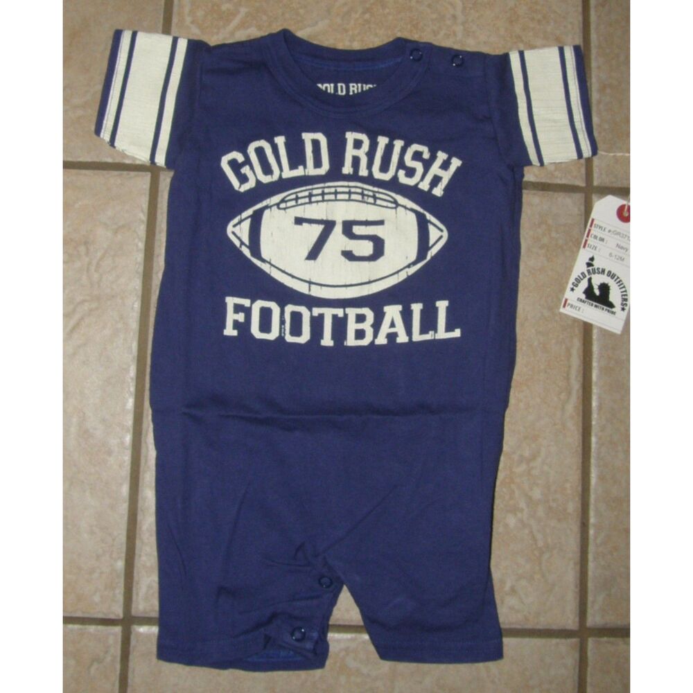NEW Boys Sz 6-12 Months Navy Blue FOOTBALL Cotton Romper GOLD RUSH OUTFITTERS